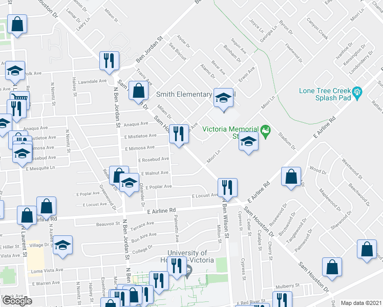 map of restaurants, bars, coffee shops, grocery stores, and more near 1301 Sam Houston Drive in Victoria