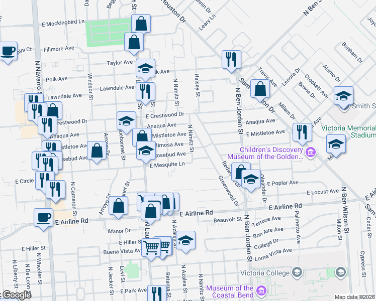 map of restaurants, bars, coffee shops, grocery stores, and more near 1611 East Rosebud Avenue in Victoria