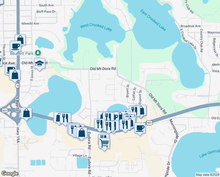 map of restaurants, bars, coffee shops, grocery stores, and more near 1241 Holiday Drive in Eustis