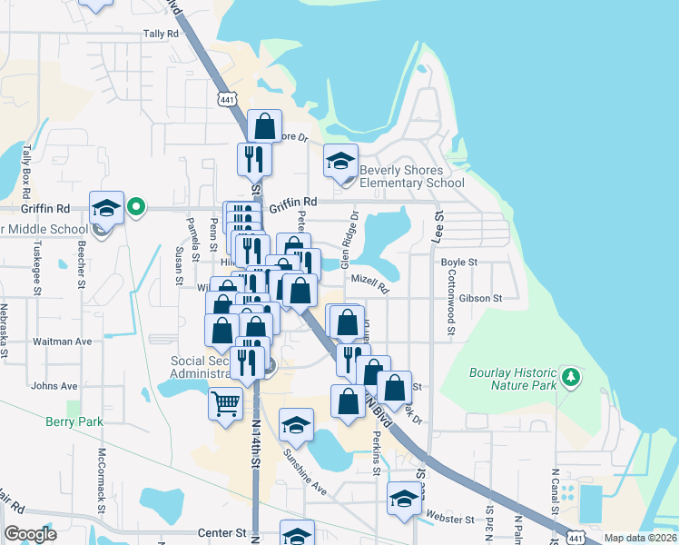 map of restaurants, bars, coffee shops, grocery stores, and more near 1111 Glen Ridge Drive in Leesburg