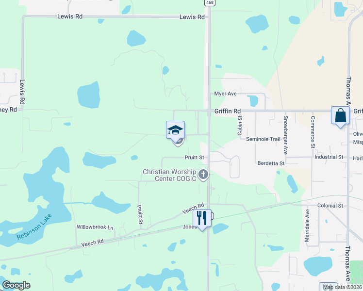 map of restaurants, bars, coffee shops, grocery stores, and more near 2045 Pruitt Street in Leesburg