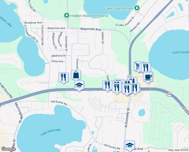 map of restaurants, bars, coffee shops, grocery stores, and more near 2486 West Moonlight Lane in Eustis