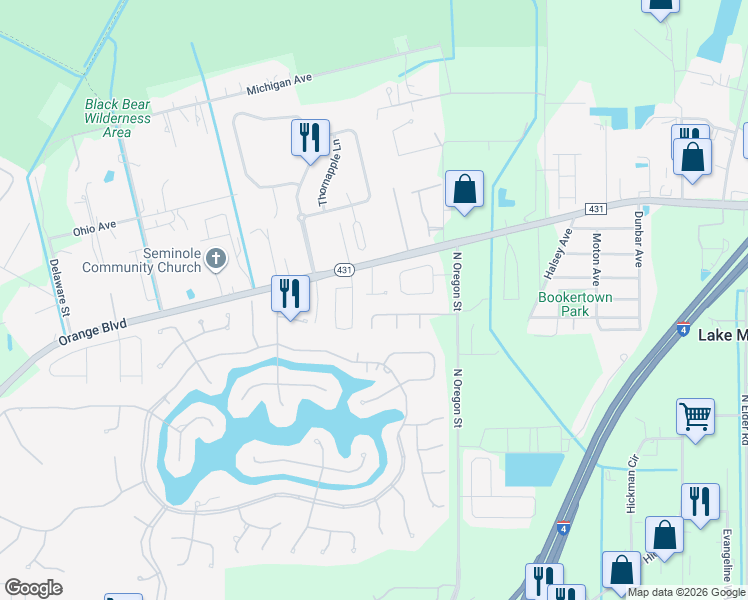 map of restaurants, bars, coffee shops, grocery stores, and more near 1157 Amanda Kay Circle in Sanford