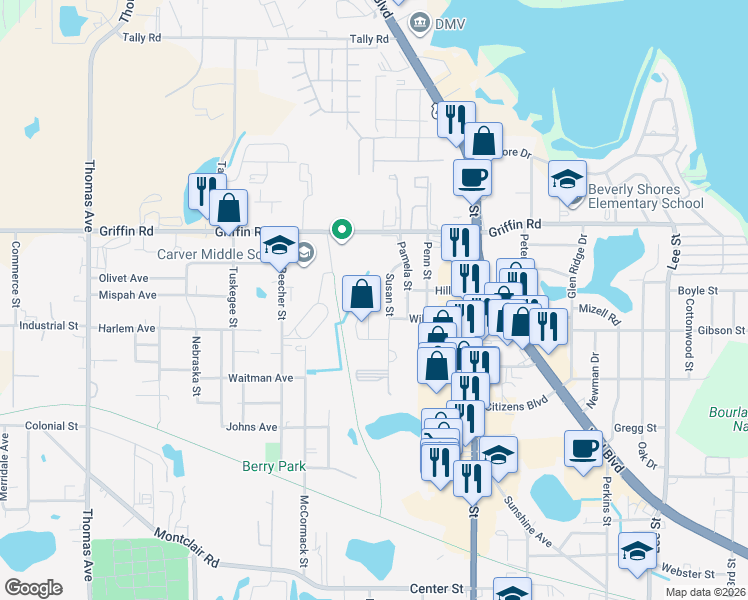 map of restaurants, bars, coffee shops, grocery stores, and more near 1727 Birchwood Circle in Leesburg