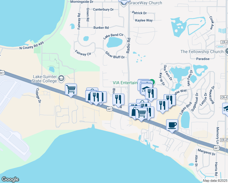 map of restaurants, bars, coffee shops, grocery stores, and more near 32702 Blossom Lane in Leesburg