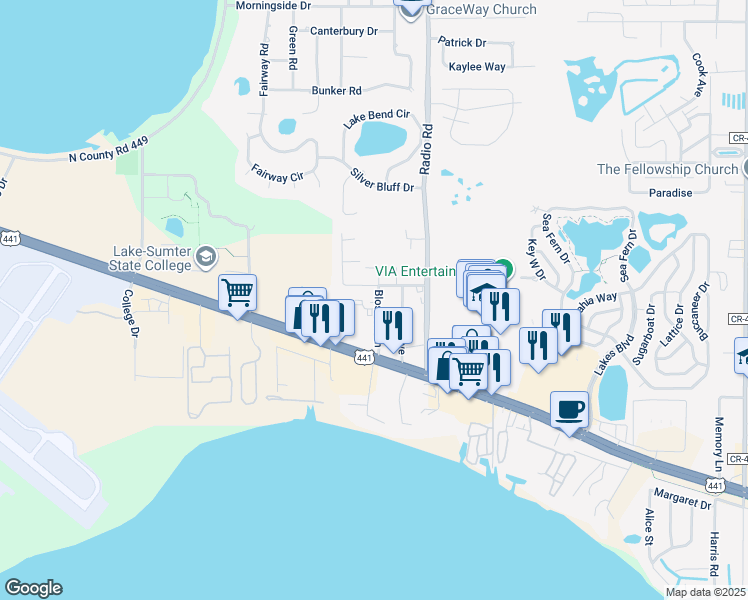 map of restaurants, bars, coffee shops, grocery stores, and more near 32702 Blossom Lane in Leesburg