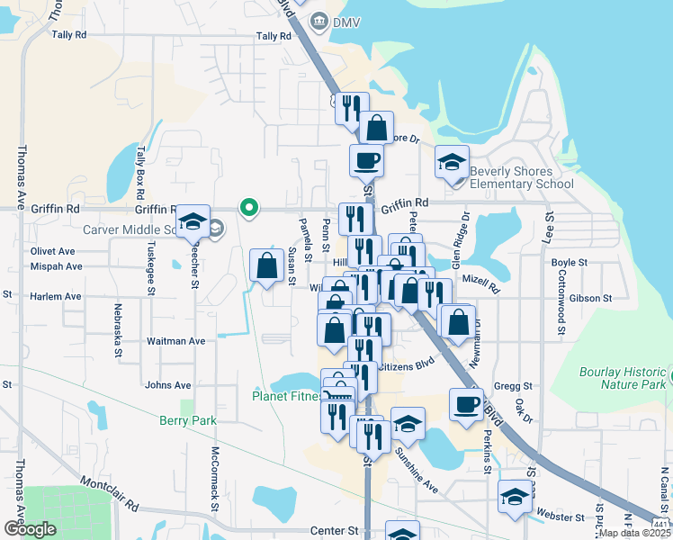 map of restaurants, bars, coffee shops, grocery stores, and more near 1102 Penn Street in Leesburg