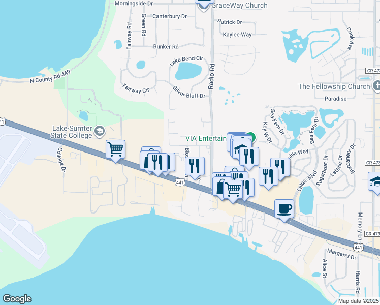 map of restaurants, bars, coffee shops, grocery stores, and more near 32716 Blossom Lane in Leesburg