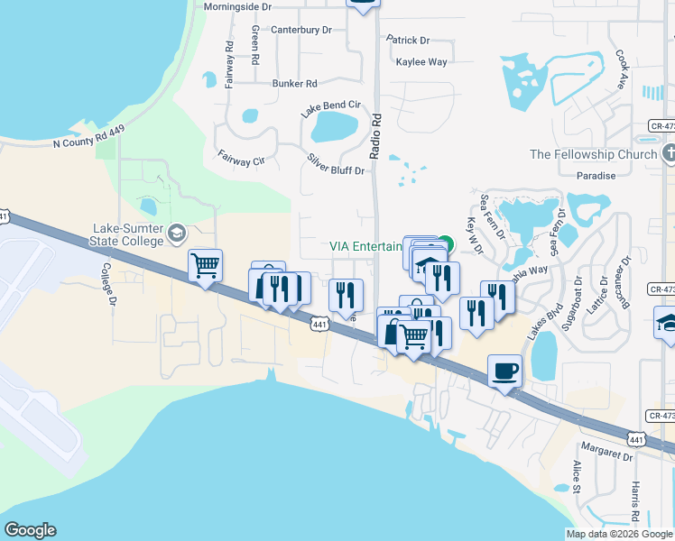 map of restaurants, bars, coffee shops, grocery stores, and more near 32720 Blossom Lane in Leesburg