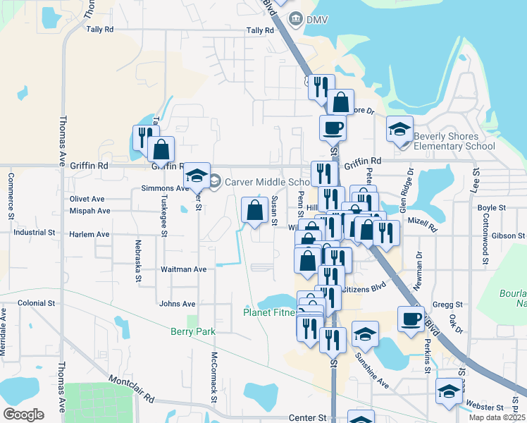 map of restaurants, bars, coffee shops, grocery stores, and more near 1727 Birchwood Circle in Leesburg