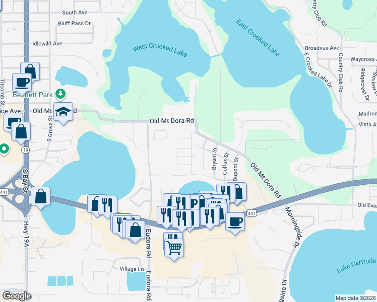 map of restaurants, bars, coffee shops, grocery stores, and more near 1240 Holiday Drive in Eustis