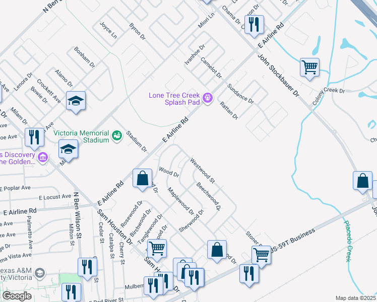 map of restaurants, bars, coffee shops, grocery stores, and more near 504 Westwood Street in Victoria