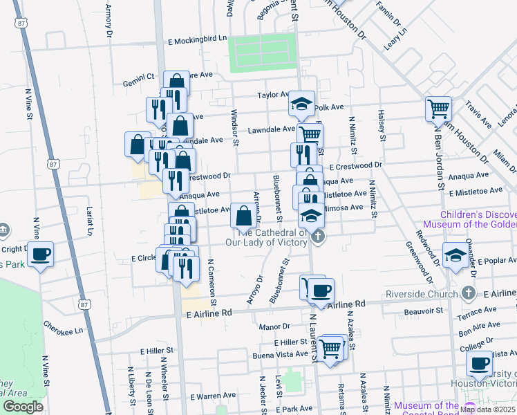 map of restaurants, bars, coffee shops, grocery stores, and more near 811 Anaqua Avenue in Victoria