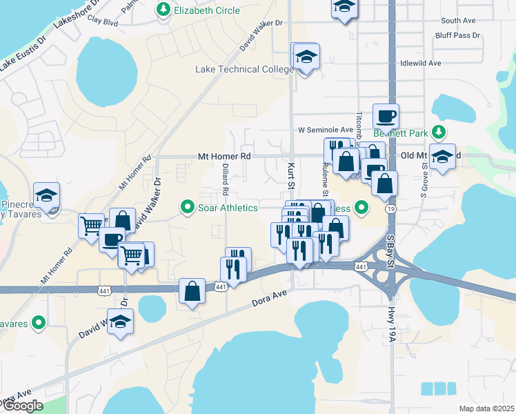 map of restaurants, bars, coffee shops, grocery stores, and more near 551 Huffstetler Drive in Eustis