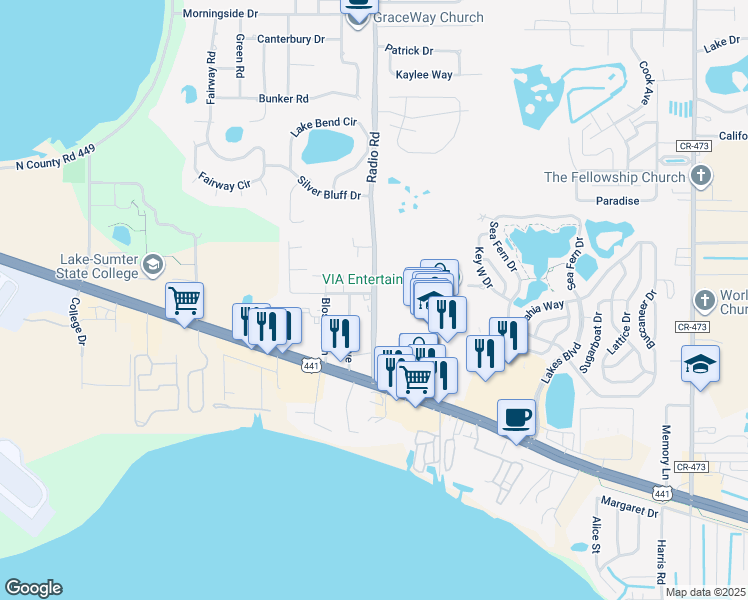 map of restaurants, bars, coffee shops, grocery stores, and more near 32749 Radio Road in Leesburg