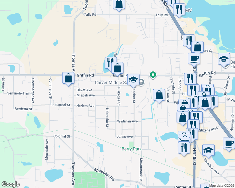 map of restaurants, bars, coffee shops, grocery stores, and more near 2200 Mispah Avenue in Leesburg