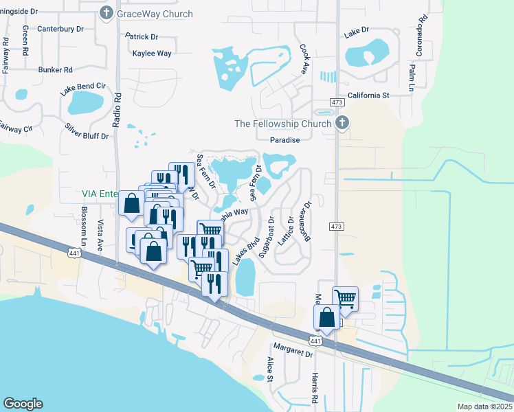 map of restaurants, bars, coffee shops, grocery stores, and more near 1 Key Biscayne Way in Leesburg