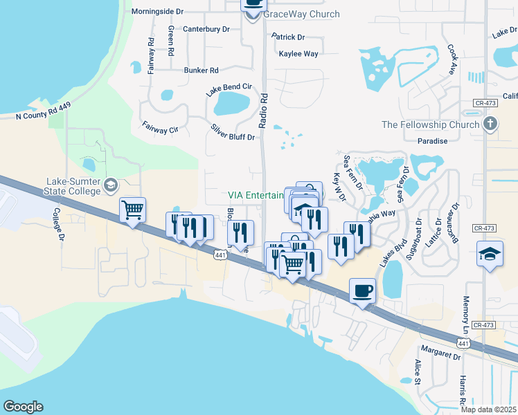 map of restaurants, bars, coffee shops, grocery stores, and more near 32735 Radio Road in Leesburg