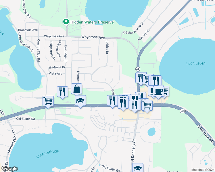 map of restaurants, bars, coffee shops, grocery stores, and more near 2758 Gables Drive in Eustis