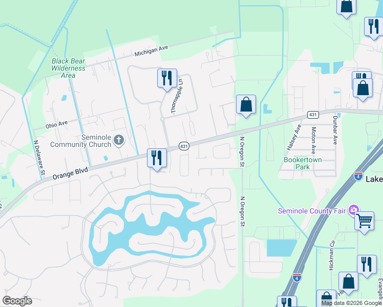 map of restaurants, bars, coffee shops, grocery stores, and more near 1201 Amanda Kay Circle in Sanford