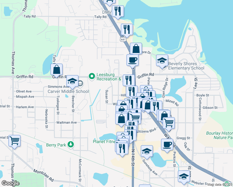 map of restaurants, bars, coffee shops, grocery stores, and more near 1201 Penn Street in Leesburg
