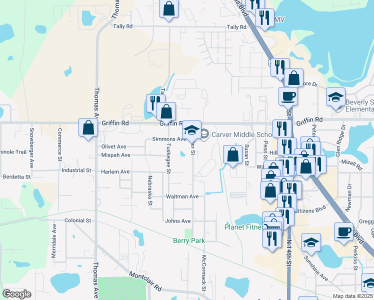map of restaurants, bars, coffee shops, grocery stores, and more near 1123 Beecher Street in Leesburg