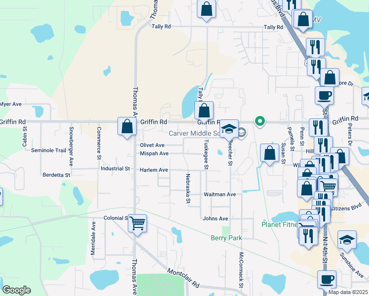 map of restaurants, bars, coffee shops, grocery stores, and more near 1204 Nebraska Street in Leesburg
