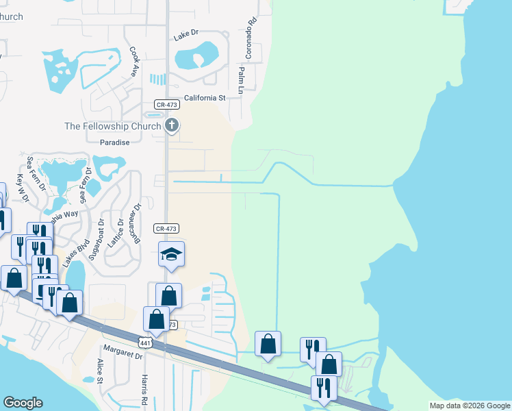 map of restaurants, bars, coffee shops, grocery stores, and more near 11404 Pine Ridge Road in Leesburg