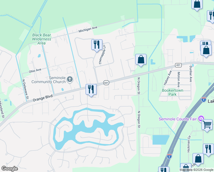 map of restaurants, bars, coffee shops, grocery stores, and more near 1201 Amanda Kay Circle in Sanford