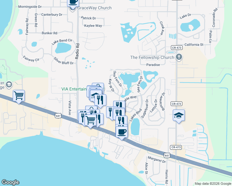 map of restaurants, bars, coffee shops, grocery stores, and more near 77 Sea Fern Drive in Leesburg