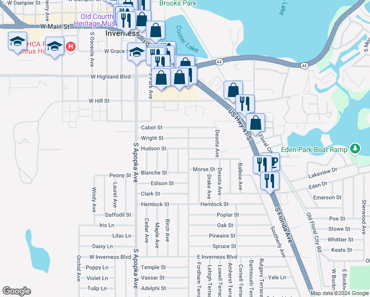 map of restaurants, bars, coffee shops, grocery stores, and more near 404 Hudson Street in Inverness