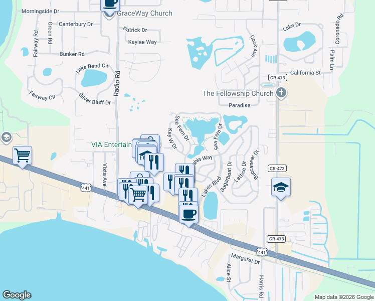map of restaurants, bars, coffee shops, grocery stores, and more near 77 Sea Fern Drive in Leesburg