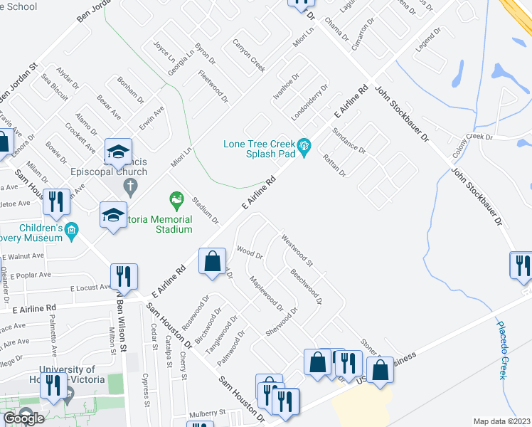 map of restaurants, bars, coffee shops, grocery stores, and more near 504 Westwood Street in Victoria