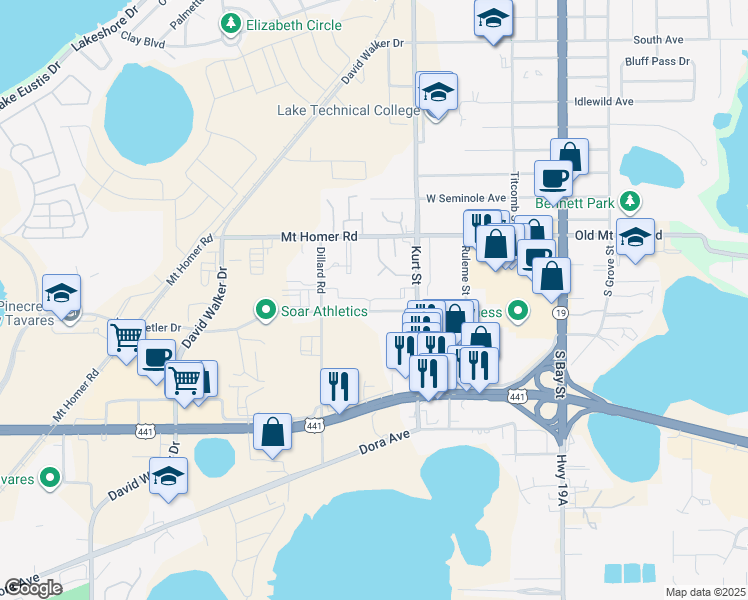 map of restaurants, bars, coffee shops, grocery stores, and more near 551 Huffstetler Drive in Eustis
