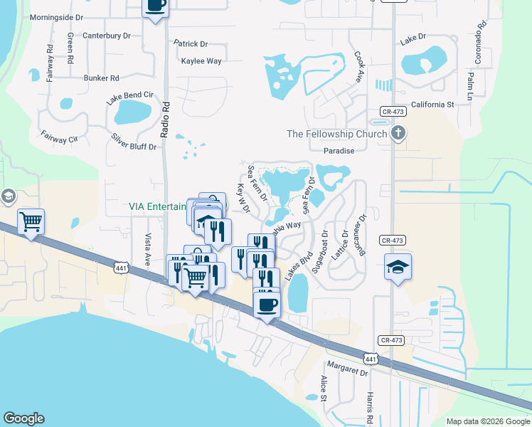 map of restaurants, bars, coffee shops, grocery stores, and more near 97 Sea Fern Drive in Leesburg