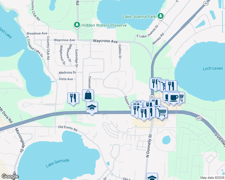 map of restaurants, bars, coffee shops, grocery stores, and more near 2738 Gables Drive in Eustis