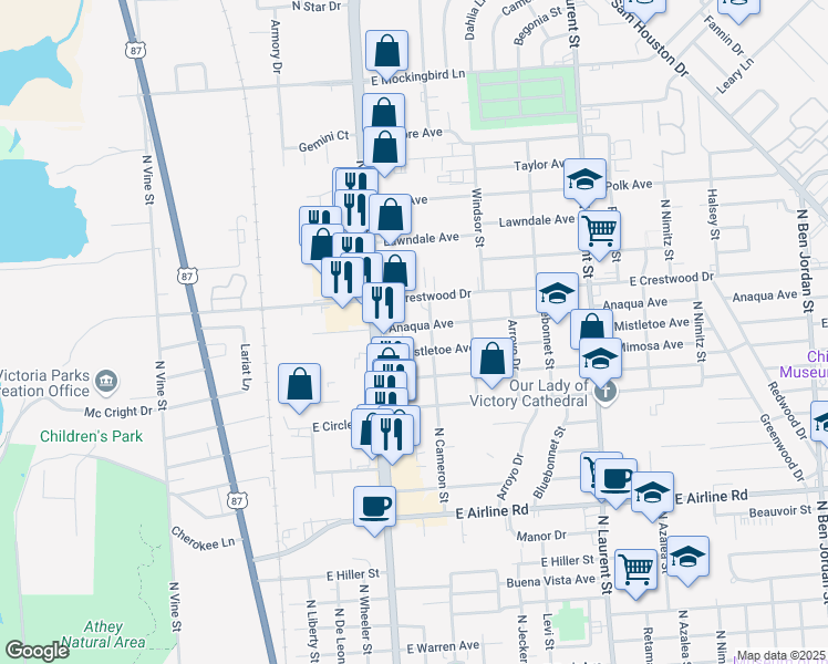map of restaurants, bars, coffee shops, grocery stores, and more near 605 Anaqua Avenue in Victoria