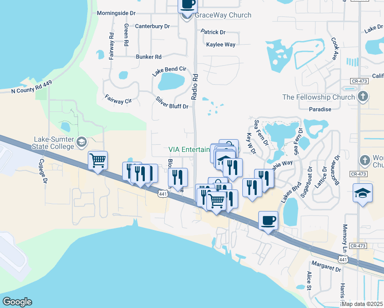 map of restaurants, bars, coffee shops, grocery stores, and more near 32749 Radio Road in Leesburg
