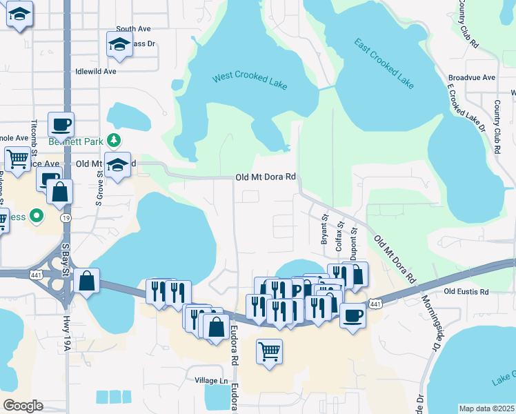 map of restaurants, bars, coffee shops, grocery stores, and more near 1010 Woodward Oaks Circle in Eustis
