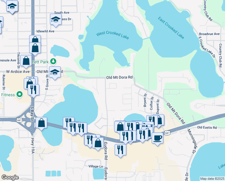 map of restaurants, bars, coffee shops, grocery stores, and more near 1010 Woodward Oaks Circle in Eustis