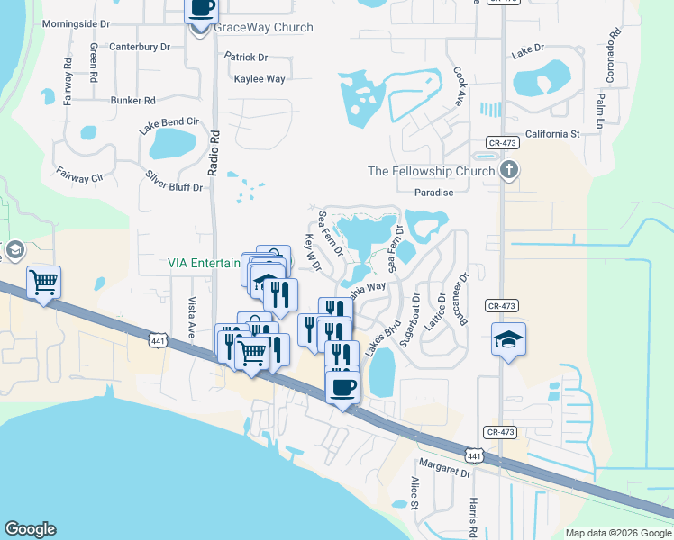 map of restaurants, bars, coffee shops, grocery stores, and more near 77 Sea Fern Drive in Leesburg