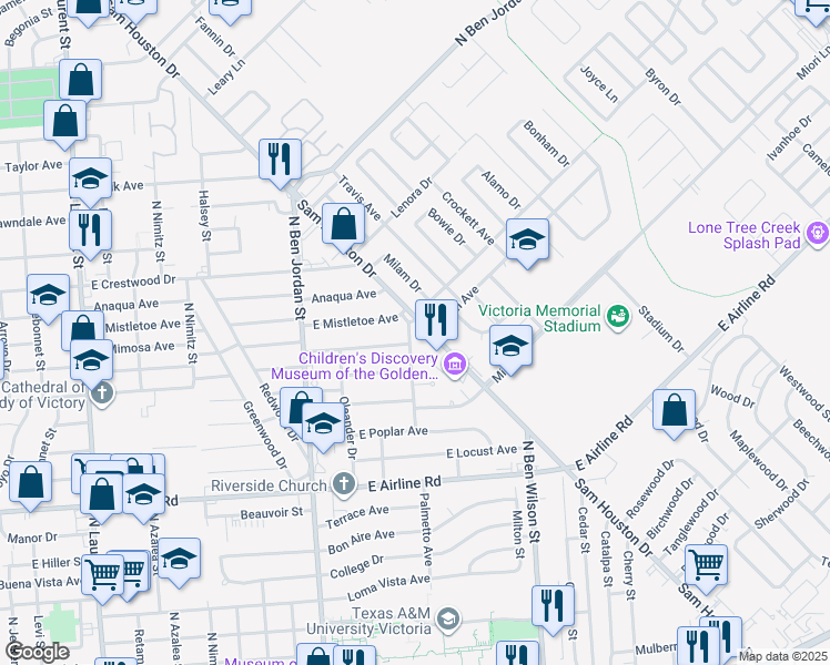 map of restaurants, bars, coffee shops, grocery stores, and more near 3804 Palmetto Avenue in Victoria