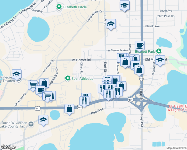 map of restaurants, bars, coffee shops, grocery stores, and more near 551 Huffstetler Drive in Eustis