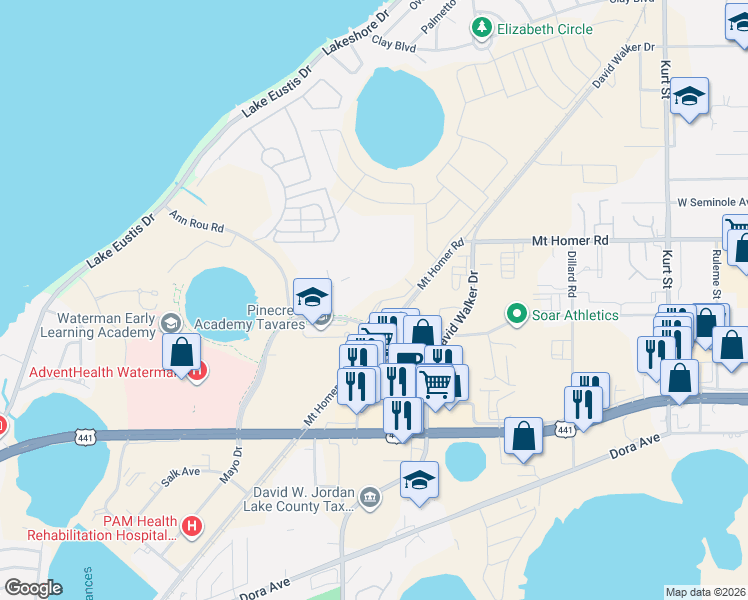 map of restaurants, bars, coffee shops, grocery stores, and more near 2501 Avalon Park Blvd in Tavares
