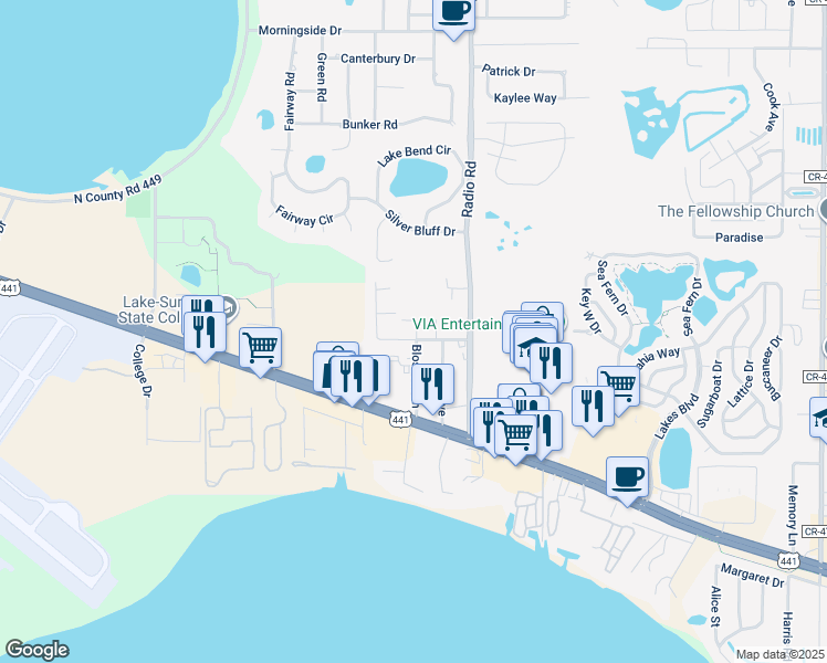map of restaurants, bars, coffee shops, grocery stores, and more near 32825 Blossom Lane in Leesburg