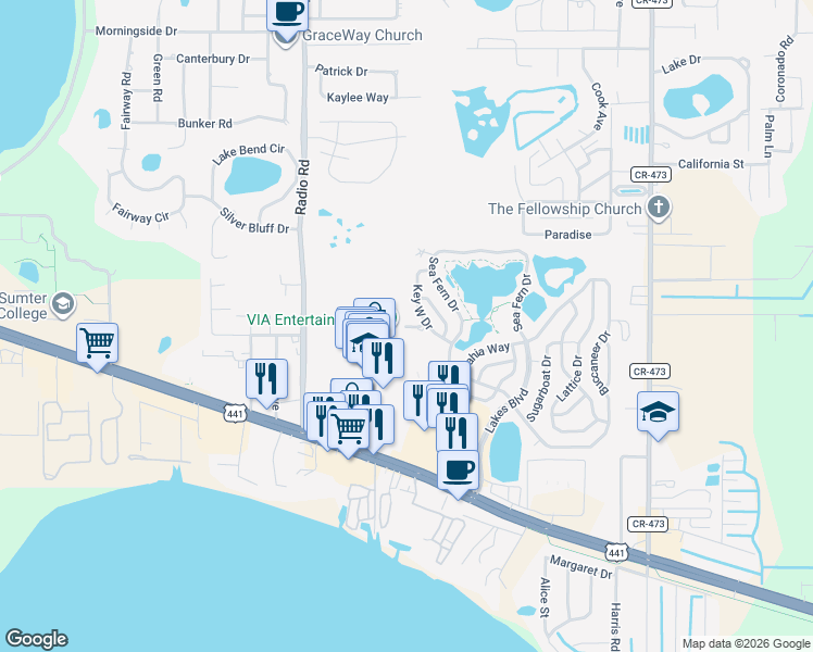 map of restaurants, bars, coffee shops, grocery stores, and more near 21 Key West Court in Leesburg