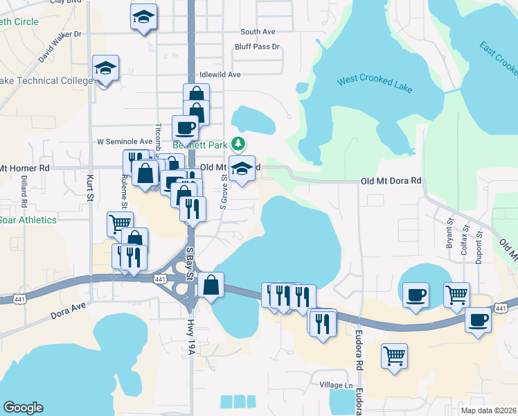 map of restaurants, bars, coffee shops, grocery stores, and more near 43 Cove Lane in Eustis
