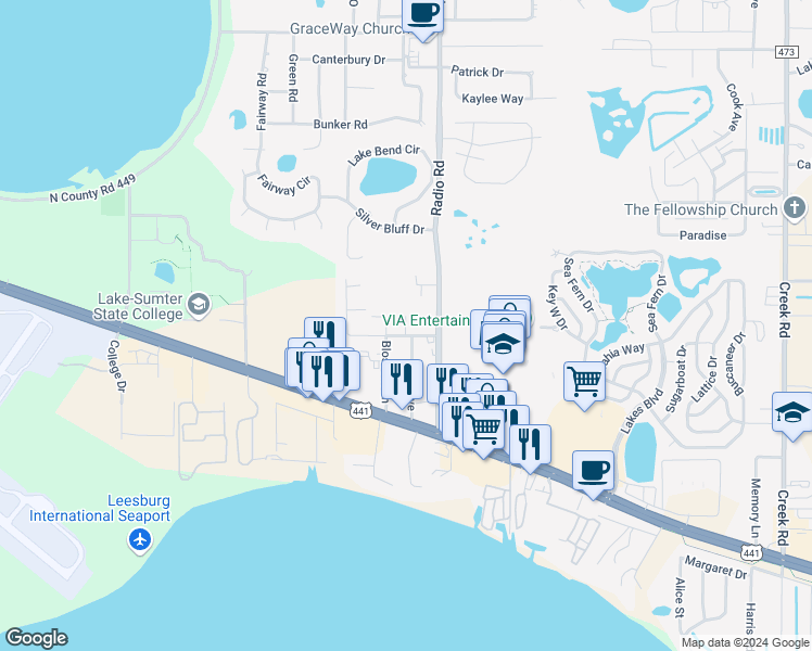 map of restaurants, bars, coffee shops, grocery stores, and more near 32804 Blossom Lane in Leesburg