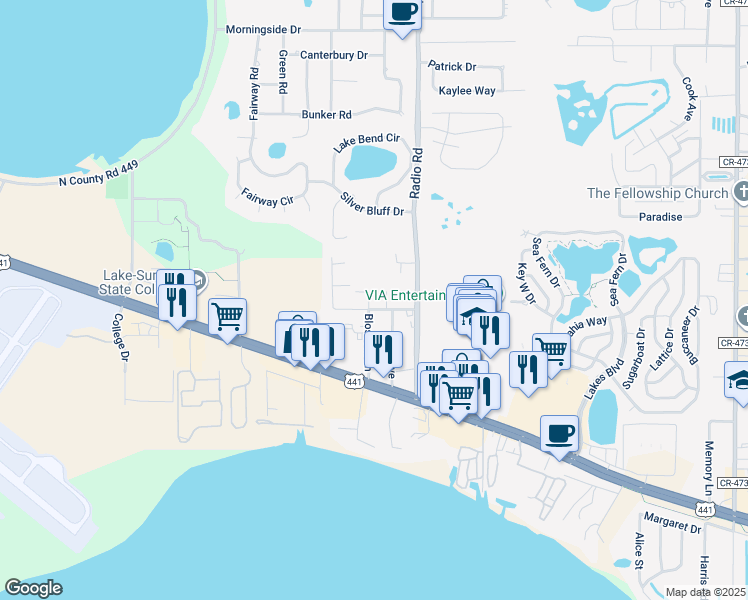 map of restaurants, bars, coffee shops, grocery stores, and more near 32804 Blossom Lane in Leesburg