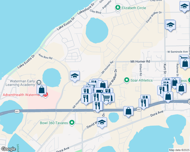 map of restaurants, bars, coffee shops, grocery stores, and more near 1290 Mount Homer Road in Eustis